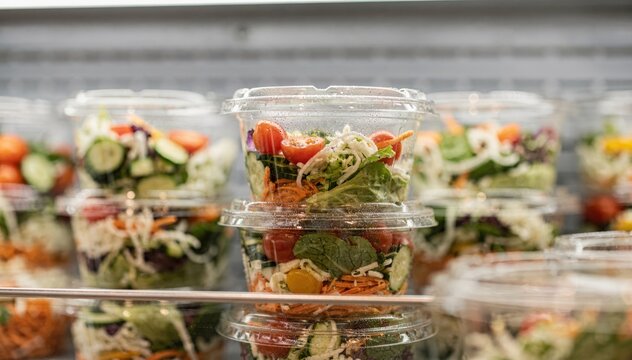Medium shot of a grabandgo island emphasizing a selection of prepackaged salads in clear containers with one container crisply focused against a blurred backdrop.