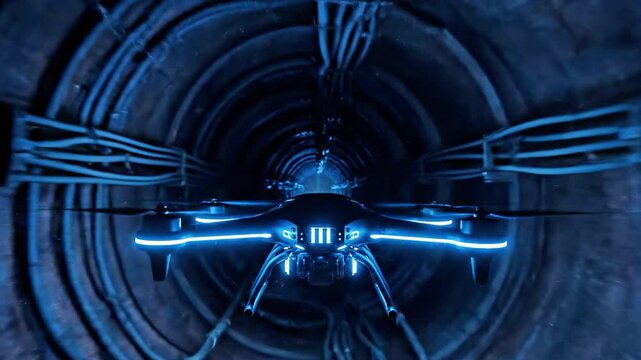 A sleek, futuristic drone with glowing blue lights hovers in a dimly lit industrial setting, surrounded by gear-like machinery and concrete walls