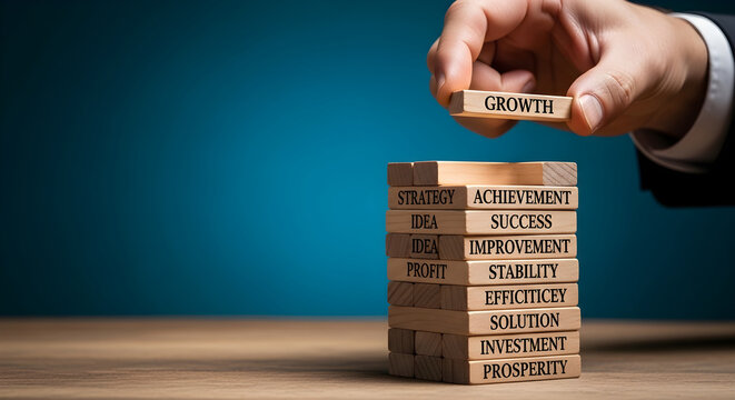 Person building a tower with wooden blocks labeled with business terms to illustrate growth and success strategy effectively