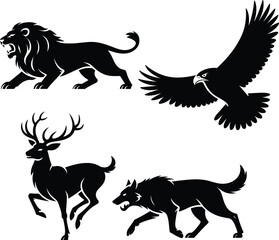 Black and white animal silhouette set featuring lion, eagle, deer, and wolf icons for logo design, mascot, and wildlife branding.