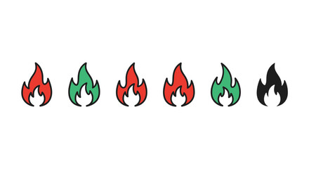 A series of stylized flame icons in varying colors and a silhouette