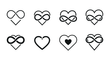Collection of interconnected heart and infinity symbols in black and white
