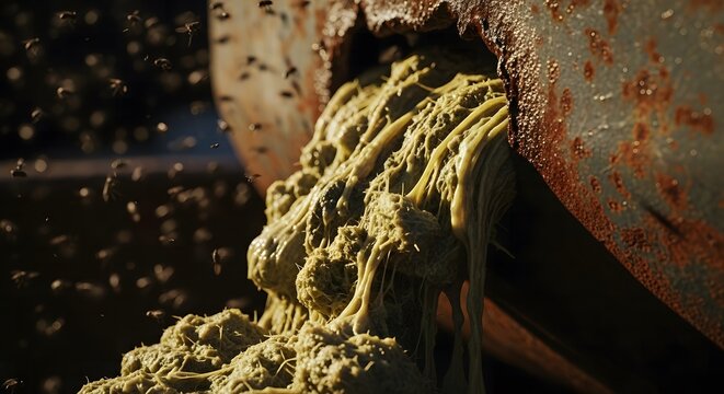 Close-up of fermented industrial organic waste leaking from a rusted container