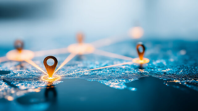 Linked location pins on a digital map representing geolocation services and route planning.
