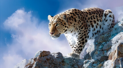 Leopard climbs on rocky terrain with focus on surroundings. Clear blue sky with clouds creating natural backdrop. Concept of wildlife, nature conservation, animal behavior