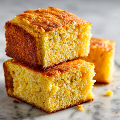 Golden Cornbread Squares on Marble Surface