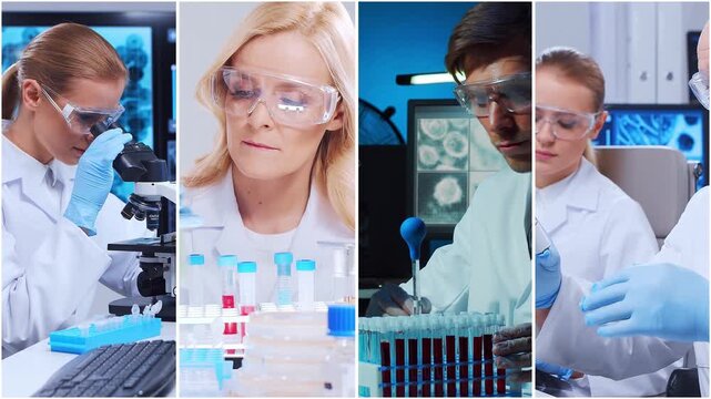 Technology and medical concept. Scientists, lab equipment and microscopes in biomedical innovations and clinical studies. Ideal for educational content. Vertical videos.