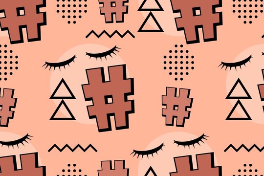 Vibrant geometric pattern with eyelashes and symbols on peach background