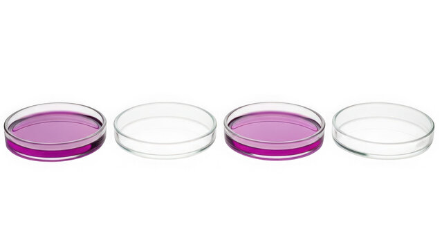 Four petri dishes with purple liquid isolated on transparent background
