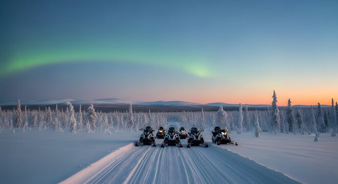 Group of snowmobiles in snowy panoramic landscape, Lapland panorama near Saariselka in winter, Finland travel header