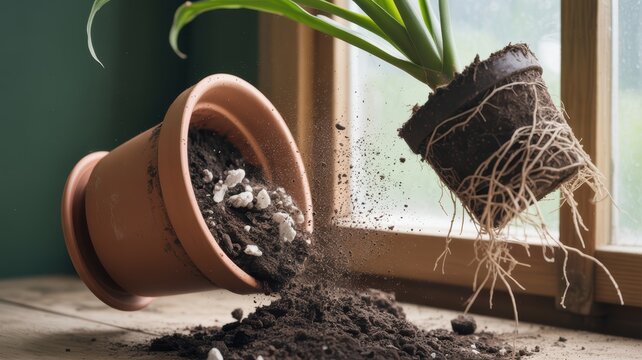Houseplant repotting accident indoor gardening mess with falling terracotta pot exposed roots and soil near rustic window light