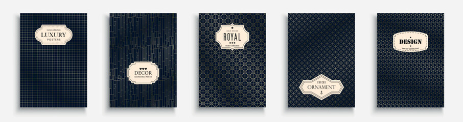 Collection of luxury ornamental geometric covers, templates, placards, brochures, banners. Royal golden modern posters, cards. Vintage geometric cards with geometric print