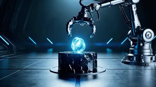 A futuristic robotic arm placing a glowing blue orb on a metallic cube in a dark industrial setting
