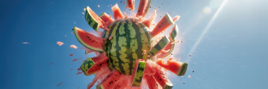 Exploding watermelon in mid air vibrant summer fruit splash with flying slices against bright blue sky and sunlight