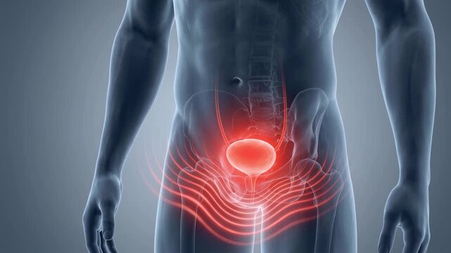 Medical animation showing a man suffering from bladder pain, cystitis, or a urinary tract infection, with red waves indicating inflammation, discomfort, disease, and health problems