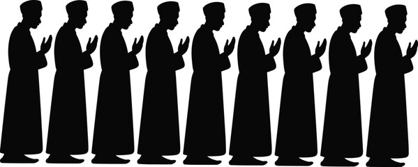 Muslim men silhouette in row praying together, group of imam or worshippers in congregation salah pose, Islamic prayer line vector illustration, Ramadan spiritual unity