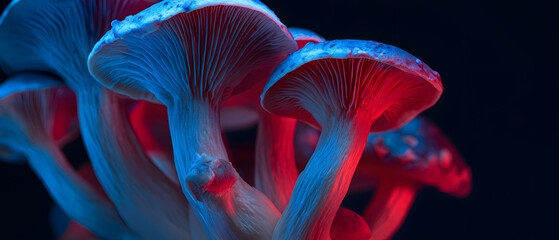 Glowing shimeji mushrooms dramatic blue red neon nature minimalist