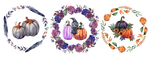 Watercolor collection of three mystical autumn wreaths featuring grey and purple pumpkins, a black raven, dark purple roses, feathers, and seasonal orange fall leaves for halloween decor.