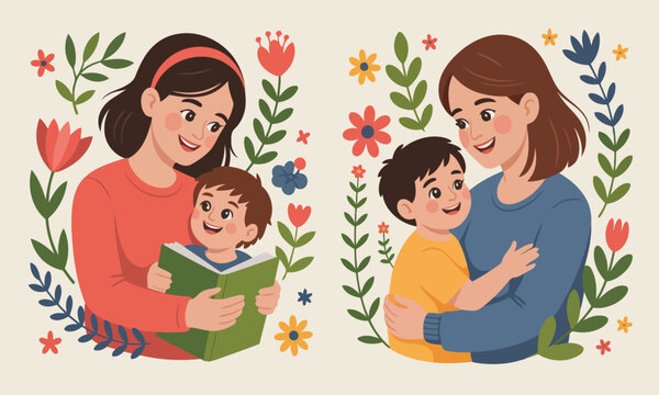 Mother reading book and hugging her happy son with colorful flower background