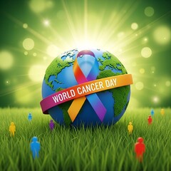 Colorful globe with cancer awareness ribbon on green grass field with people around