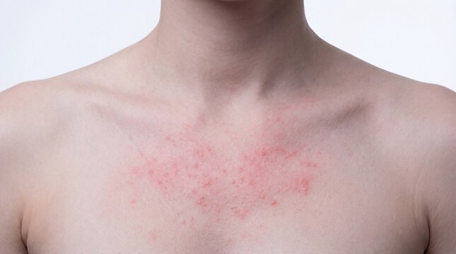 Caucasian man&rsquo;s chest with red skin rash. Allergic reaction, eczema, or contact dermatitis problem on body for health care concept.