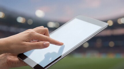 Woman holding a tablet with a blank screen at a stadium with blurred lights. Digital technology for sports analysis and live streaming.