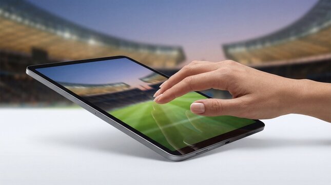 Woman hand touching tablet screen with football stadium image. Online sports event streaming. Digital entertainment technology for stadium.