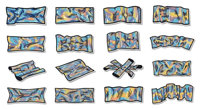 Collection of iridescent holographic foil sheets with colorful patterns
