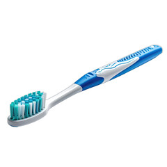 A close-up of a blue and white toothbrush with a colorful bristle head