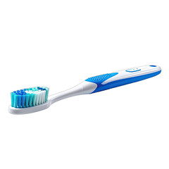 A close-up view showing a white, blue, and green-bristled toothbrush on a black background