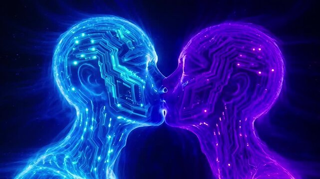 Artificial intelligence concept art depicting two digital humanoids in a romantic kiss, with glowing circuitry patterns