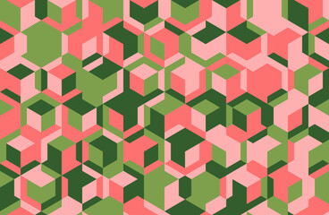 Vibrant geometric pattern featuring interlocking cubes in coral and olive green.  Creates a dynamic, modern, and playful aesthetic. Ideal for backgrounds, textiles, or website design.
