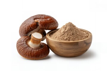 Reishi mushroom powder in a wooden bowl with whole mushrooms