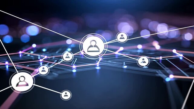 Abstract network visualization with person icons, neon lines, & bokeh light effect
