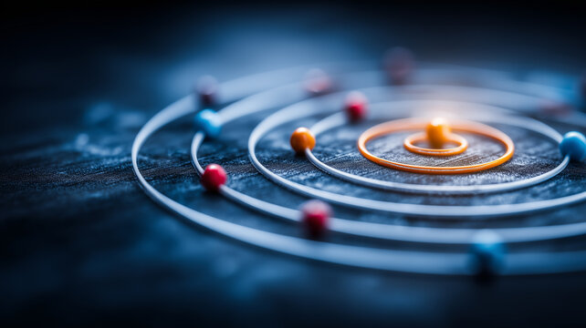 Orbital network rings with connected nodes illustrating global connectivity and data routing.
