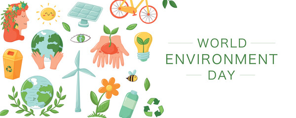 Fototapeta premium World Environment day horizontal banner with cute doodles of renewable energy, recycle trash bins, leaves, pants. EPS 10