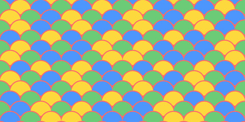 Vibrant, repeating geometric pattern of overlapping semicircles in yellow, green, and blue.  Ideal for textile design, website backgrounds, or playful branding.