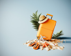 Orange travel bag with summer accessory on sand beach. Summer travel concept design on blue...