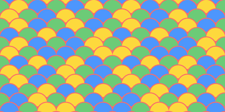 Vibrant, repeating geometric pattern of overlapping semicircles in yellow, green, and blue.  Ideal for textile design, website backgrounds, or playful branding.