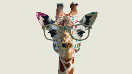 A colorful giraffe wearing glasses