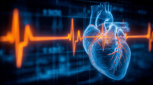 Anatomical human heart with an ECG line representing cardiology monitoring, healthcare technology, and cardiac diagnosis.

