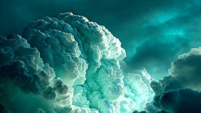 Luminous, sculpted clouds glow with internal light against a dark, atmospheric backdrop