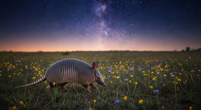Armadillo exploring vibrant wildflower meadow under epic Milky Way starry night sky, magical twilight astrophotography with glowing galaxy, golden yellow blooms and adorable nocturnal wildlife in drea