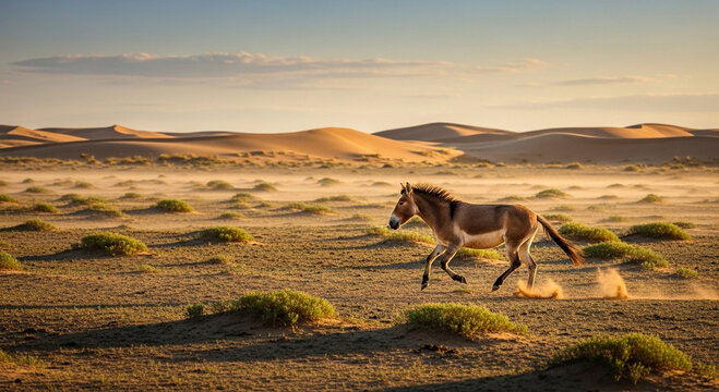 Running Donkey Desert JPG Transparent Background, Wild Onager Galloping in Sandy Desert with Dust Trail and Dry Bushes, Realistic Wildlife Action Isolated
