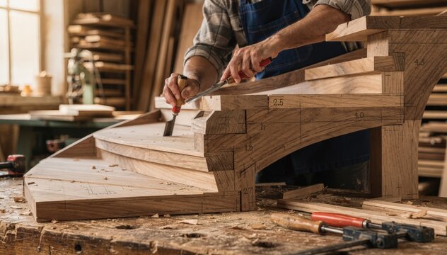 Medium shot of a skilled worker assembling winders and stringers demonstrating the intricate angles and joinery required for curved wooden staircases.