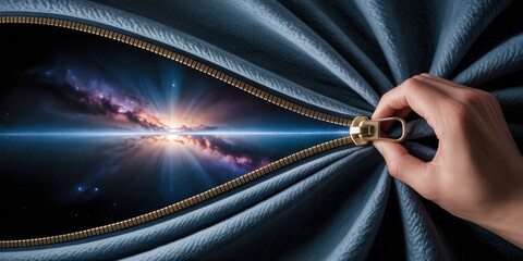 Hand opening curtain to reveal galaxy and sunrise in space surreal concept of universe discovery future vision imagination and new reality