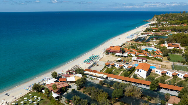 Aerial view of Zambrone Beach, located near Tropea, in province of Vibo Valentia, Calabria, southern Italy. This beautiful coastline overlooking the Tyrrhenian Sea is known as the Coast of the Gods.