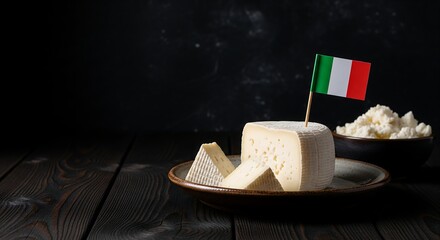 Delicious Italian cheese plate with flag on dark wooden table