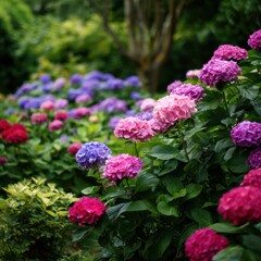 Obraz premium Vibrant hydrangea garden in full bloom with pink, purple, and red blossoms