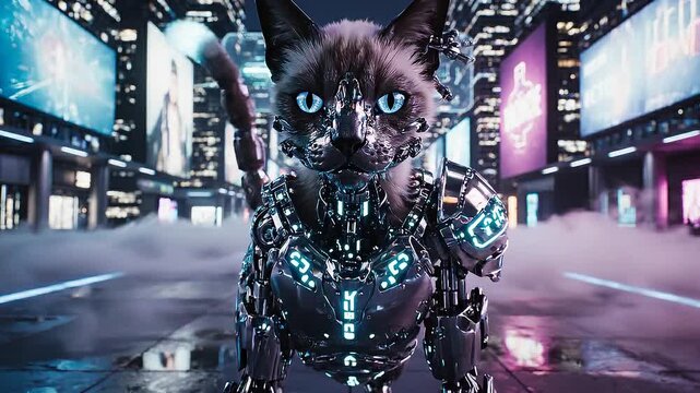 Cybernetic Cat Robot Roaming Through Futuristic Neon City Streets at Night.